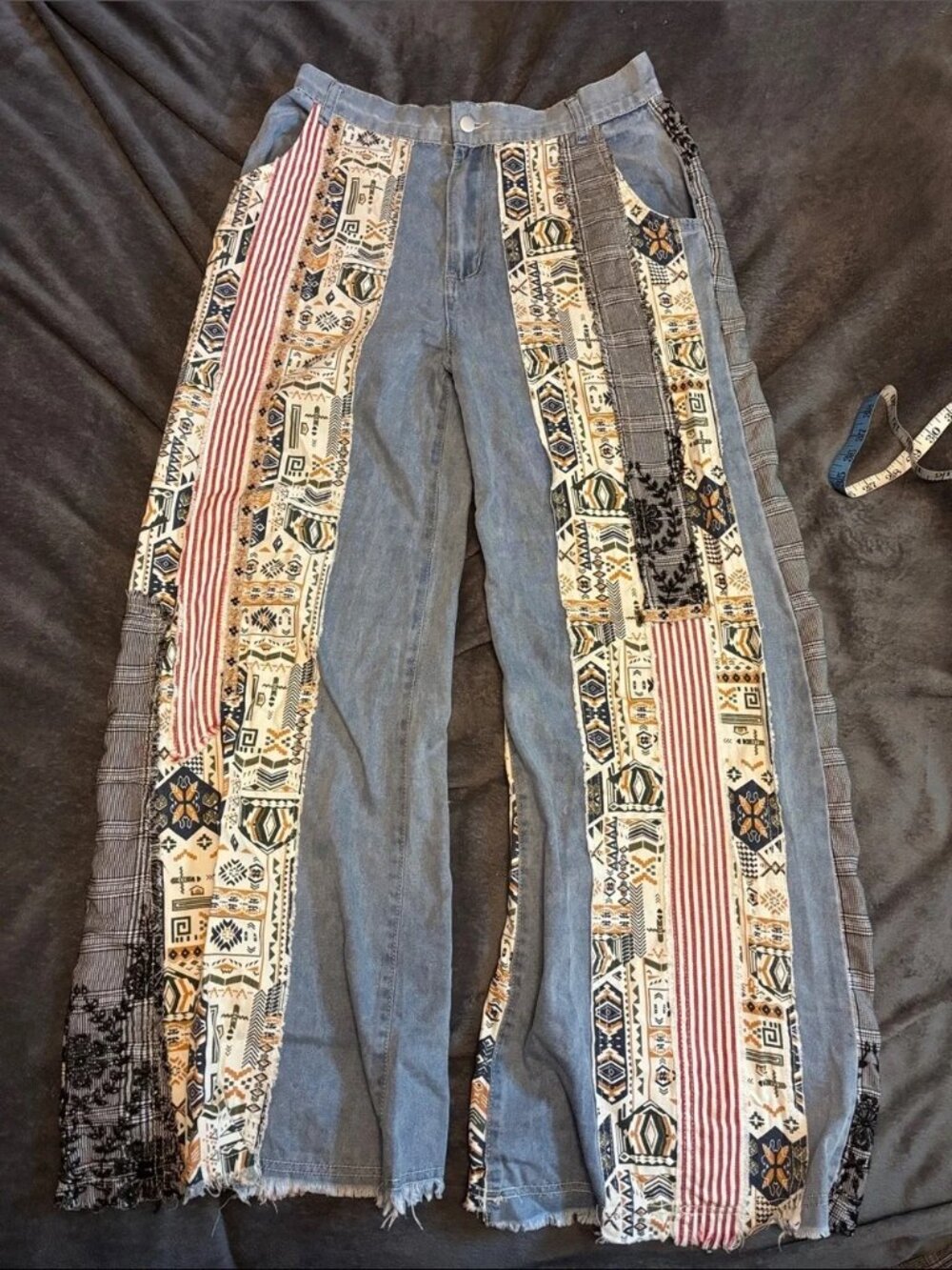 POL Boho Patchwork Wide Leg Jeans – Festival Woven Denim Pants ($140)